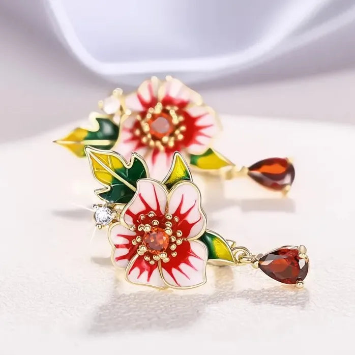 Red Flower and Green Leaf Brass Earrings for Women Enamel Jewelry
