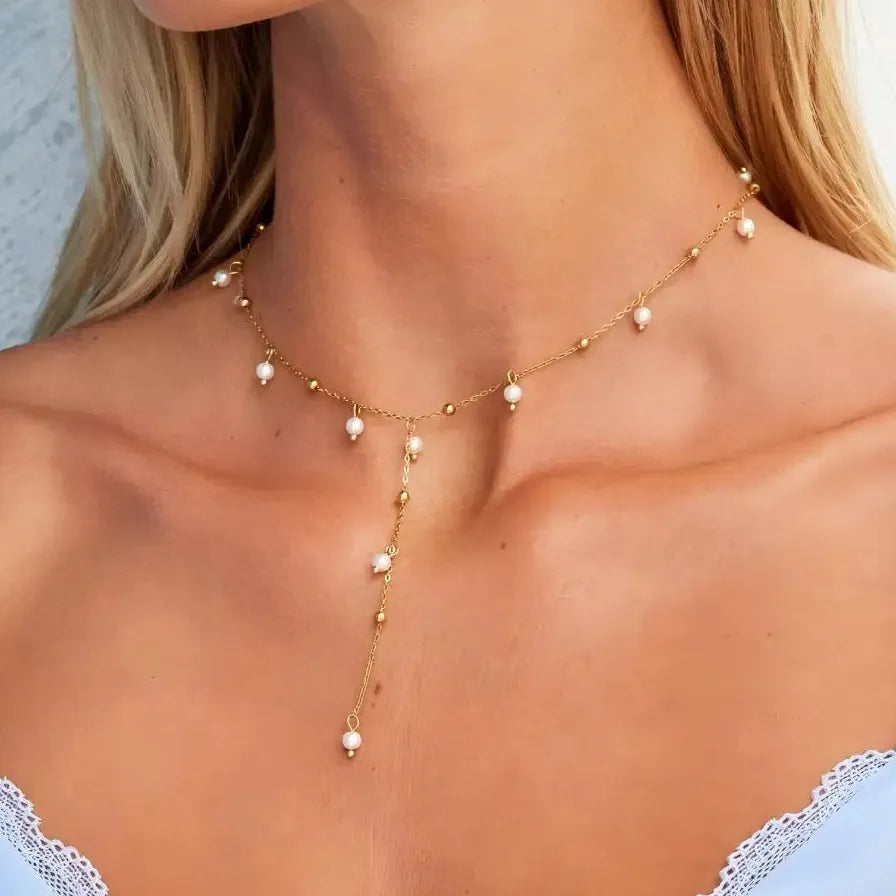 Vintage Gold Stainless Steel Pearl Circle Pendant Y-Shaped Long Chain Necklace Women
