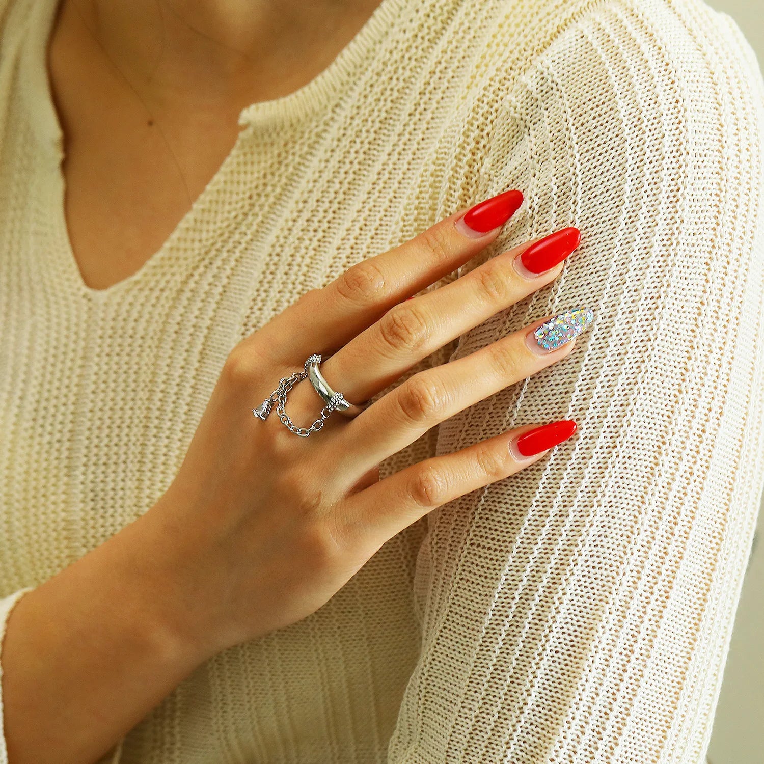 18K Gold Plated Stainless Steel CZ Chain Link Ring Women Waterproof Retro Jewelry