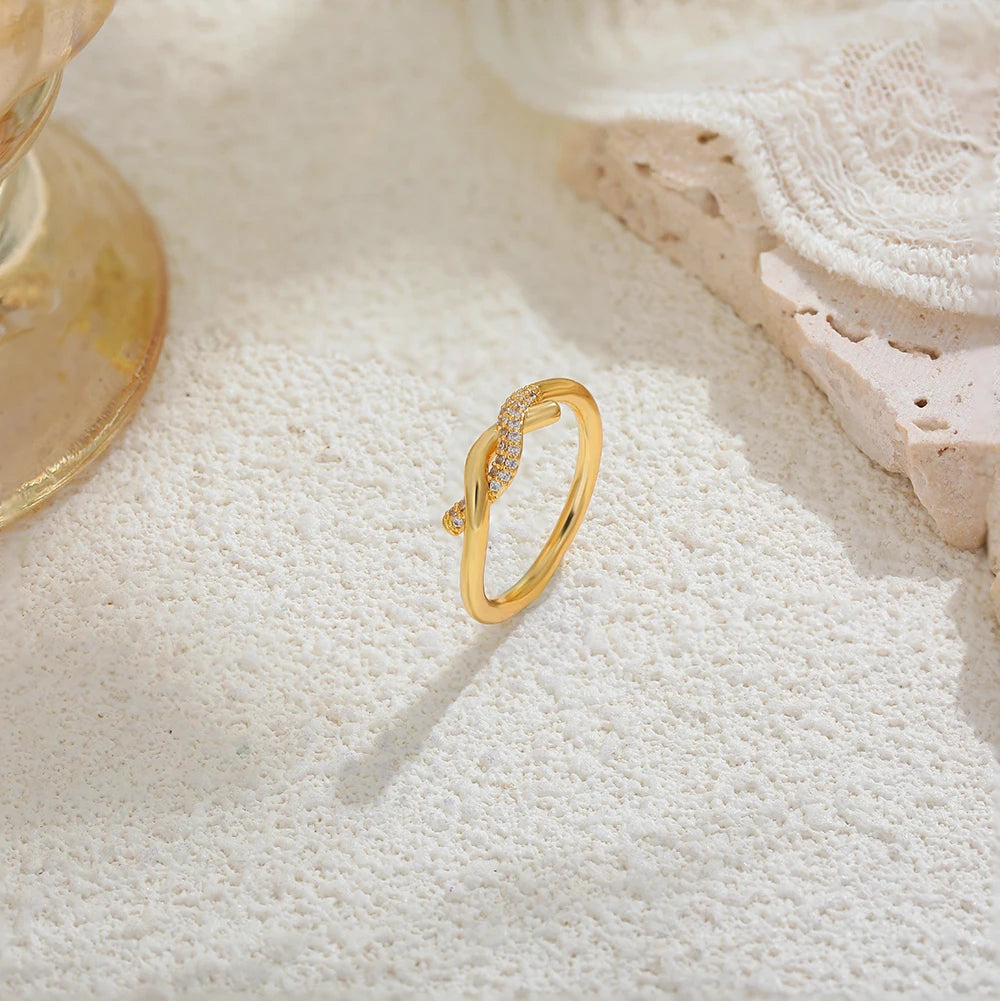 18K Gold Plated Stainless Steel Twist Knot Ring for Women with Cubic Zirconia