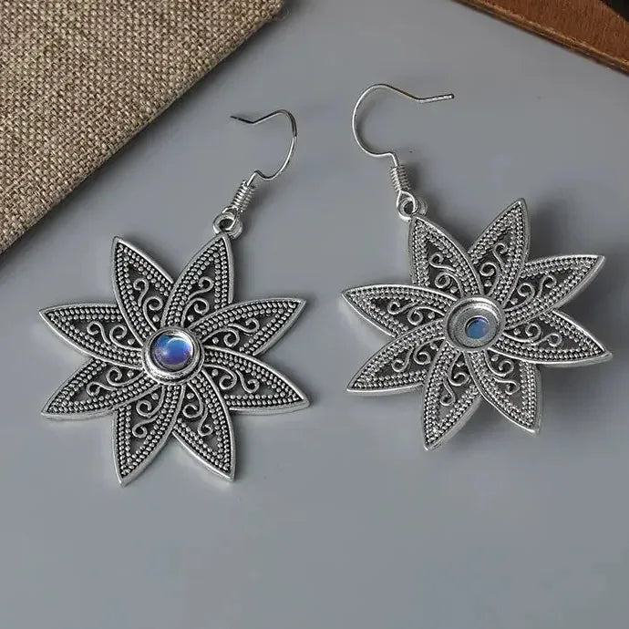 Bohemian Moonstone Drop Earrings Retro Carving Flower Pendant Zinc Alloy Gift