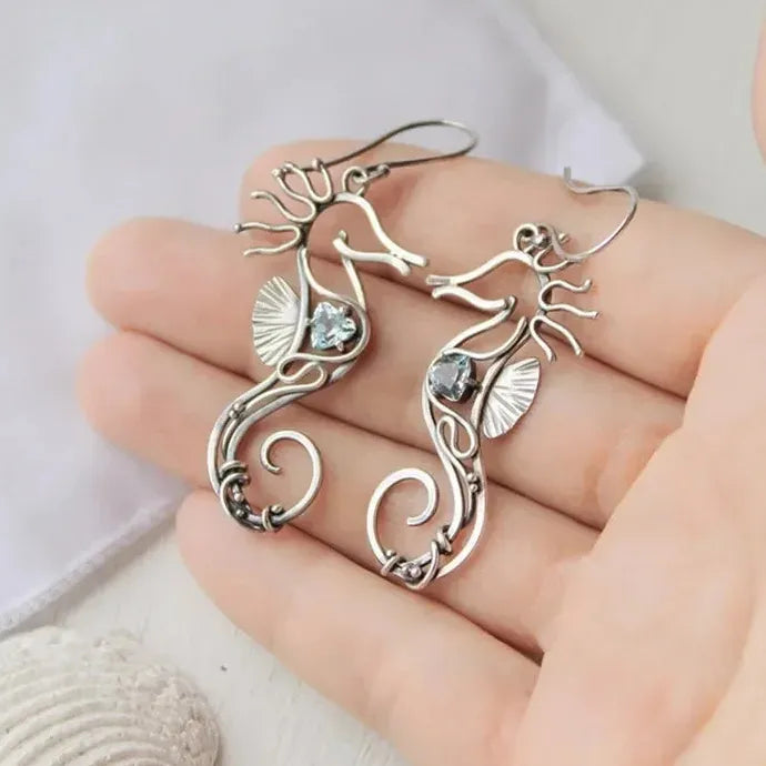 Silvery Metal Seahorse Drop Earrings Women’s Blue Zircon Zinc Alloy Jewelry