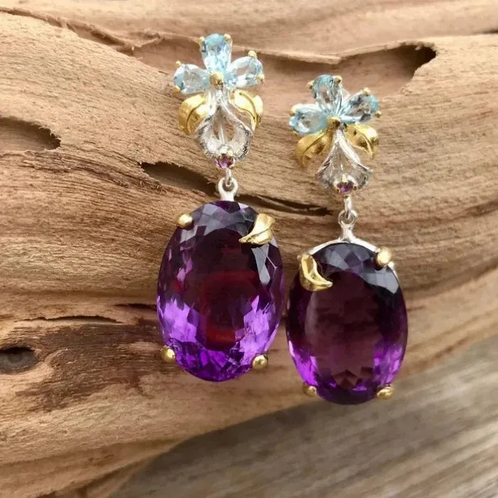 Purple Zircon Water Drop Flower Dangle Earrings Rhinestone Zinc Alloy Jewelry