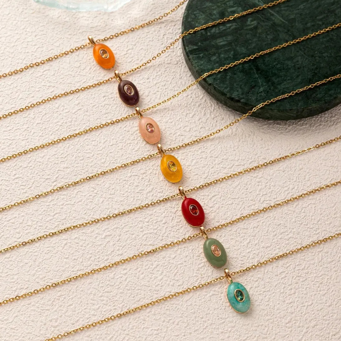 18K Gold Plated Stainless Steel Oval Multicolor Zircon Pendant Necklace Choker