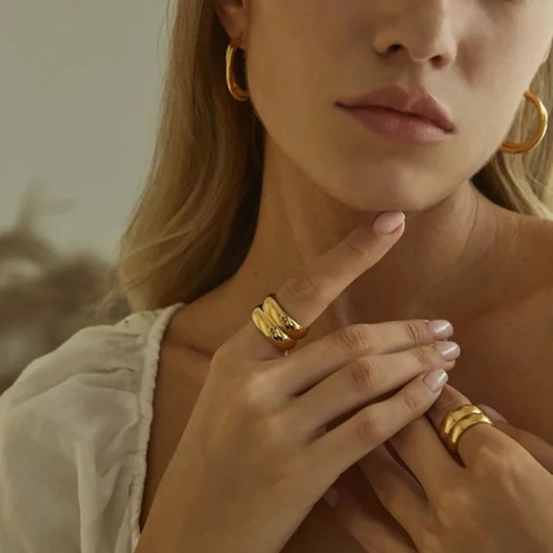 Punk Polished Bilayer Stainless Steel Chunky Rings for Women Gold Plated 2025
