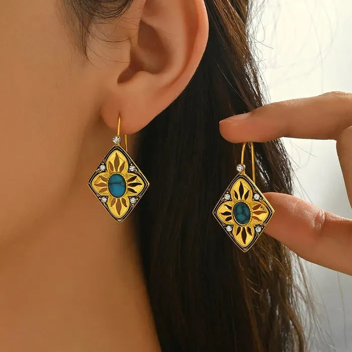 Vintage Ethnic Diamond Hollow Sunflower Drop Earrings with Synthetic Turquoise for Women