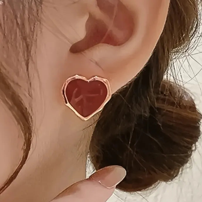 Romantic Red Heart Gold Color Copper Alloy Stud Earrings for Anniversary
