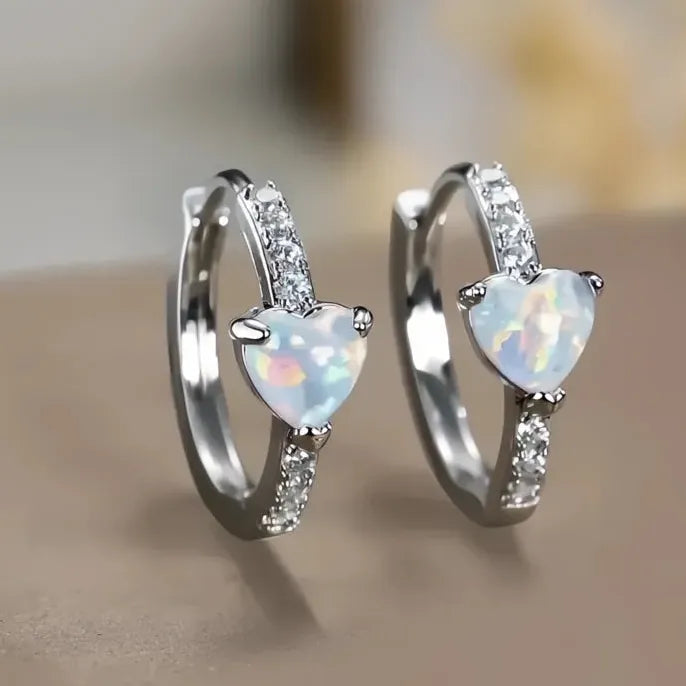 Geometric Imitation Opal Heart Hoop Earrings with Cubic Zirconia for Women