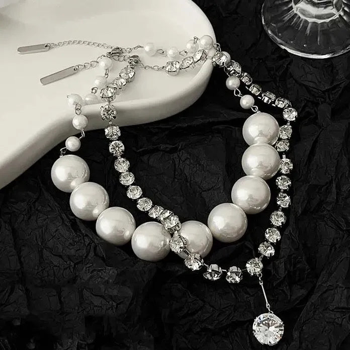 Double-Layer Punk Imitation Pearl Necklace Featuring Zircon Geometric Pendant for Men Women
