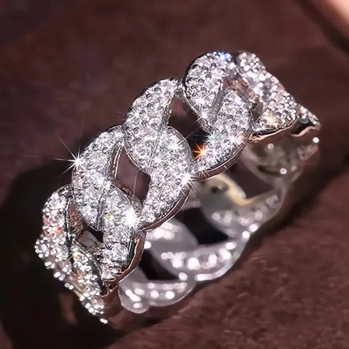 Luxury Brass Chain Link Ring for Women Cubic Zirconia Wedding Engagement Jewelry