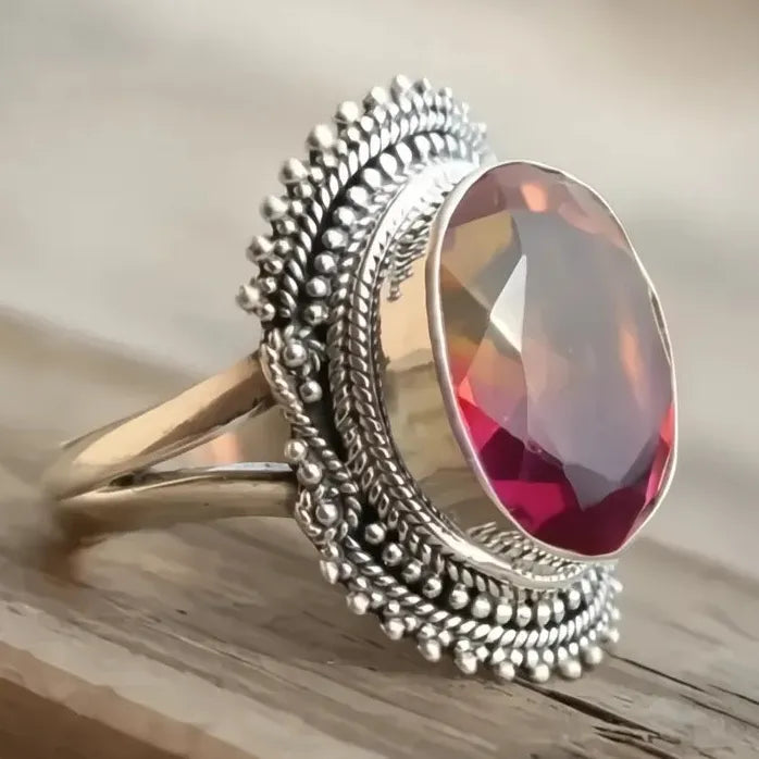 Vintage Geometric Red Cubic Zirconia Brass Ring for Women