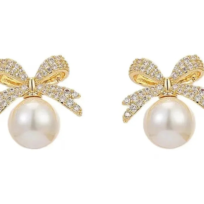 French Elegant Copper Alloy Bowknot Pearl Pendant Drop Earrings 2024 Jewelry Women
