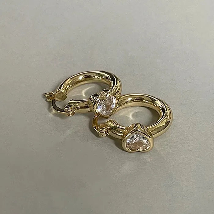 Shiny Zircon Heart Buckle Hoop Earrings Copper Stainless Steel 2026