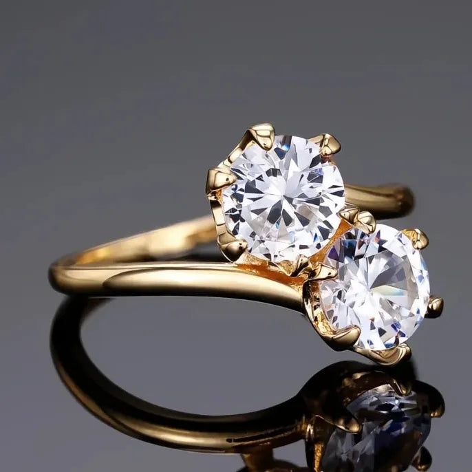 Women’s Elegant Brass Wedding Band Ring with Double Cubic Zirconia Gems