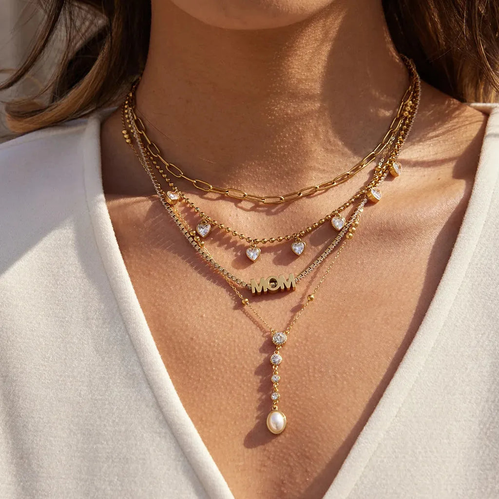 18K Gold Plated Stainless Steel Zircon MOM Tennis Chain Necklace Choker