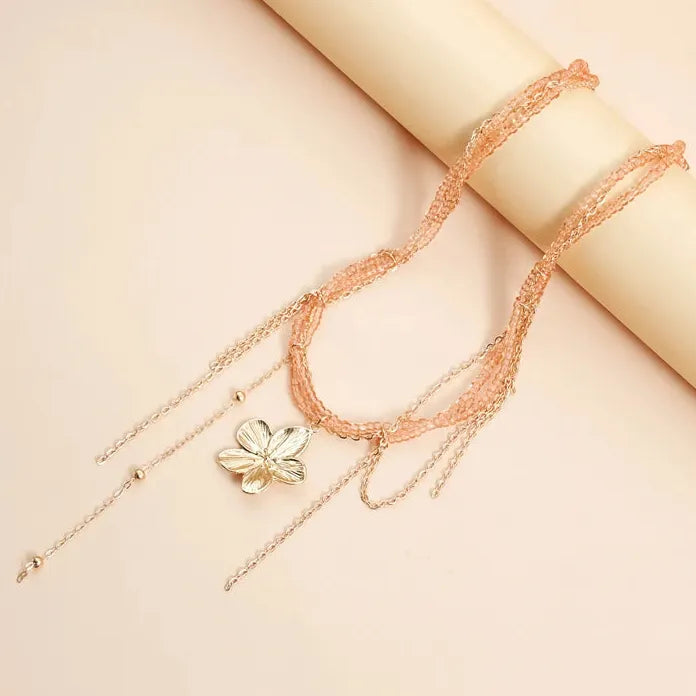 Pink Resin Flower Pendant Necklace Tassel Choker for Women