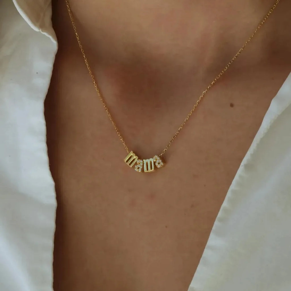 Mini Mama Letter Alphabet Zircon Stainless Steel 18K Gold Plated Necklace Choker Gift