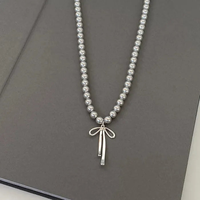 Y2K Elegant Bowknot Pendant Choker Necklace & Gray Pearl Earrings Set