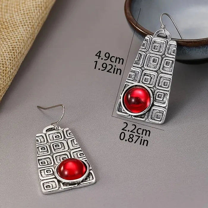 Retro Geometric Punk Pendant Earrings Set with Red Semi-Precious Stones for Women