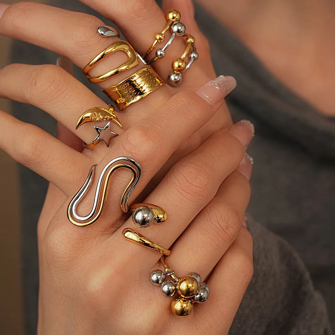 Stainless Steel Irregular Geometric Star Sun Open Ring for Women Punk Jewelry