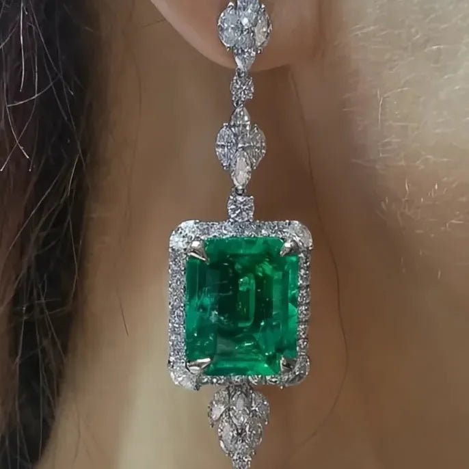 Geometric Square Green Cubic Zirconia Brass Dangle Earrings for Wedding Jewelry