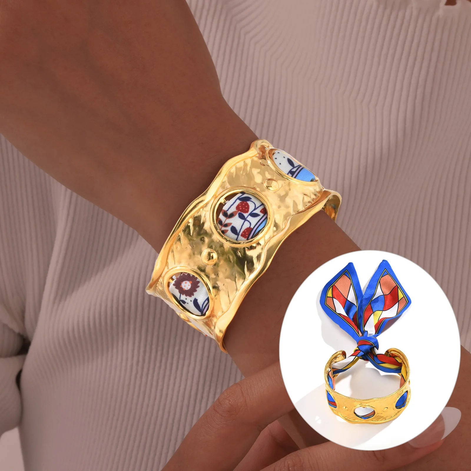 Gold Plated Stainless Steel Hollow Open Bangle Silk Scarf Bracelet Women