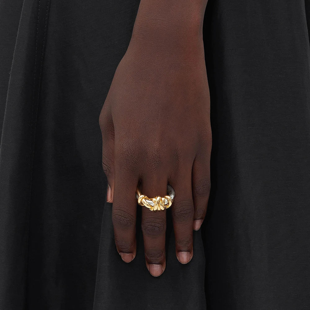 18k Gold Plated Stainless Steel Two Color Rope Spiral Geometric Ring for Women