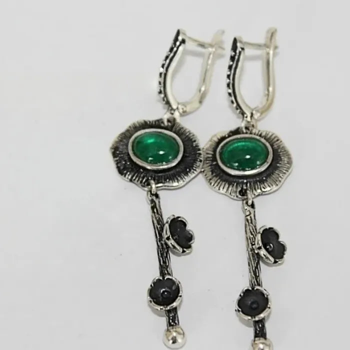 Vintage Zinc Alloy Craftsman Carved Flower Earrings with Green Gemstone Pendant for Women