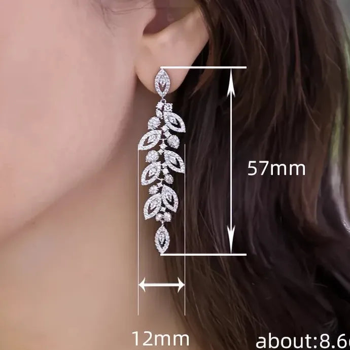 Leaf Shaped Long Drop Earrings with Cubic Zirconia Wedding Jewelry Copper Alloy
