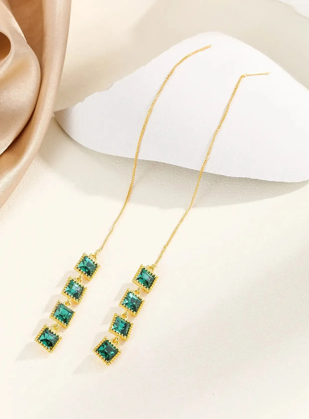 Green Small Square Zircon Drop Earrings for Women Tassel Piercing Christmas Gift