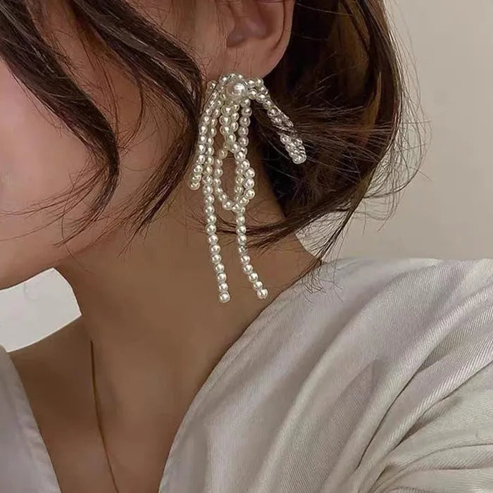 2026 Korean Handmade Zinc Alloy Bow Pearl Tassel Earrings for Women