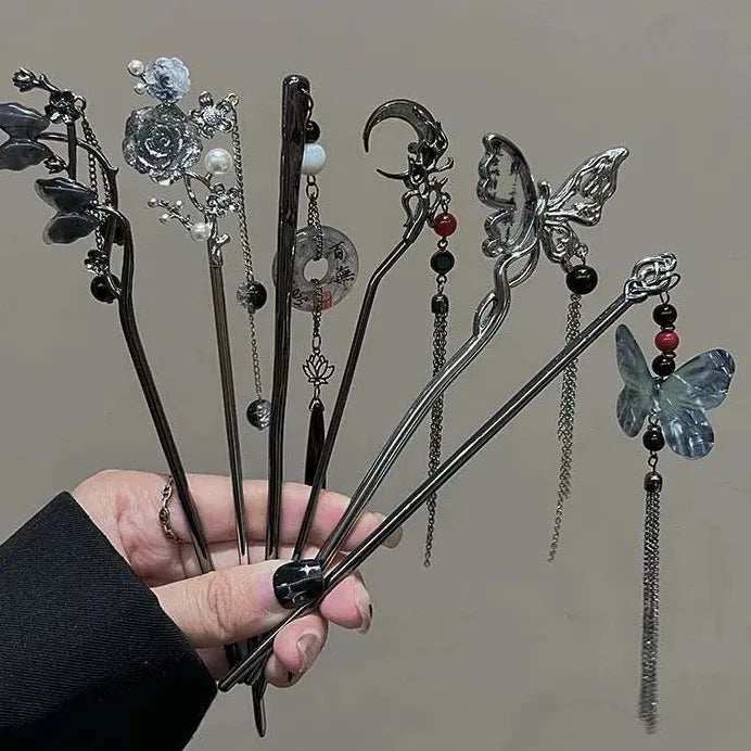 2024 Chinese Style Butterfly Flower Tassel Zinc Alloy Hair Stick for Women