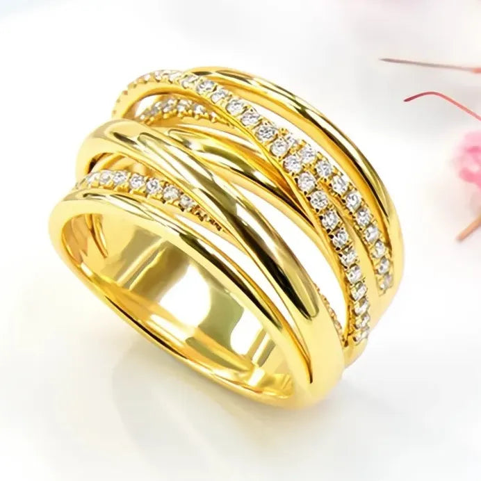Gold Multi-Layer Geometric Cubic Zirconia Wedding Band Ring for Women