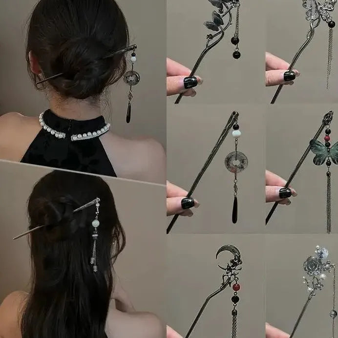 2024 Chinese Style Butterfly Flower Tassel Zinc Alloy Hair Stick for Women