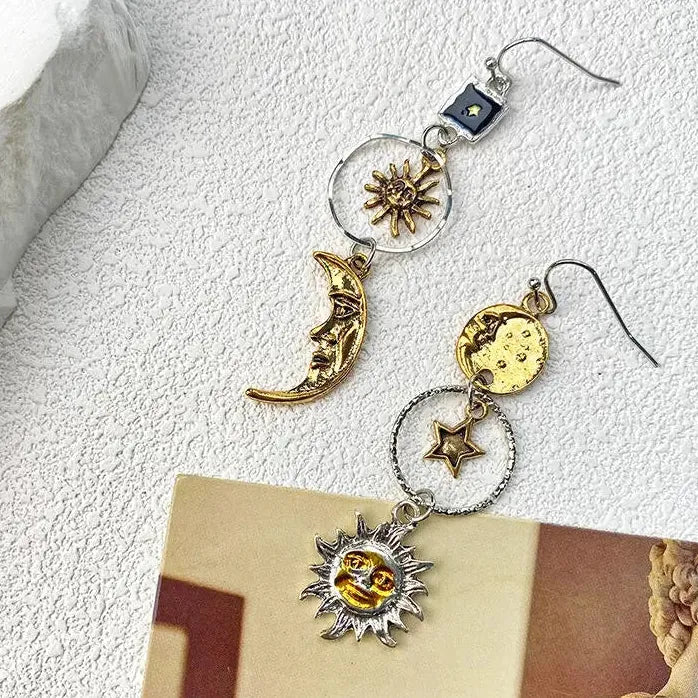 Vintage Asymmetric Sun Moon Tassel Dangle Earrings for Women Stylish Jewelry