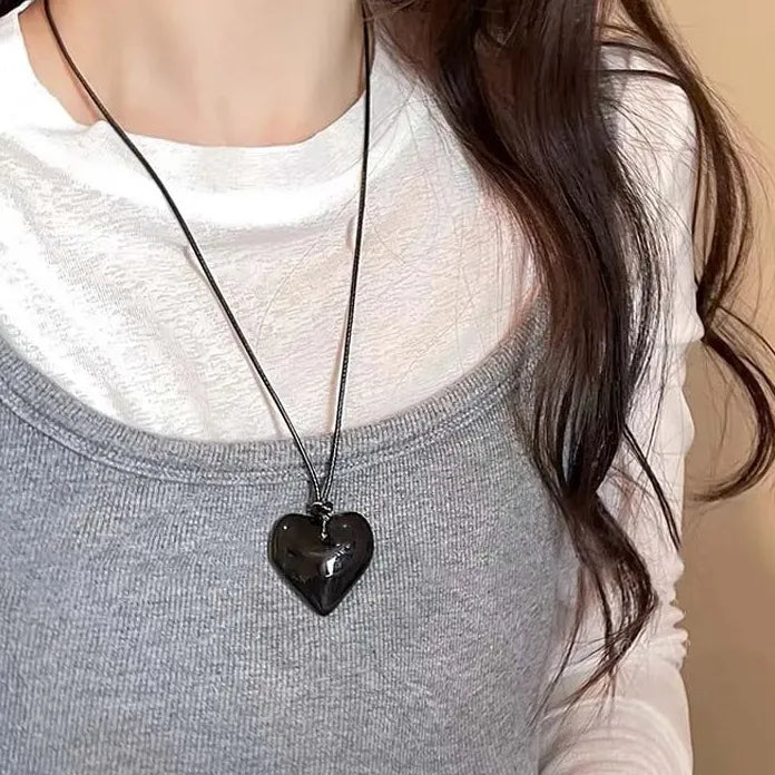 Round Hollow Pendant Necklace for Women Black Leather Rope Sweater Chain Geometric Design