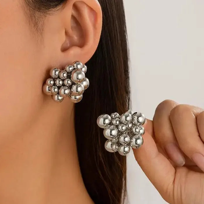 Grape String Hollow Ball Stud Earrings for Women Gold Tone Jewelry Gift