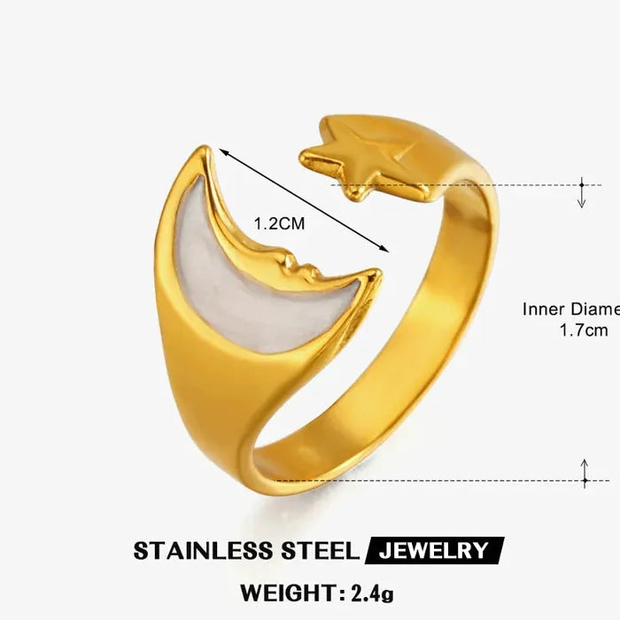 Adjustable Stainless Steel Star Moon Geometric Ring for Women Gift