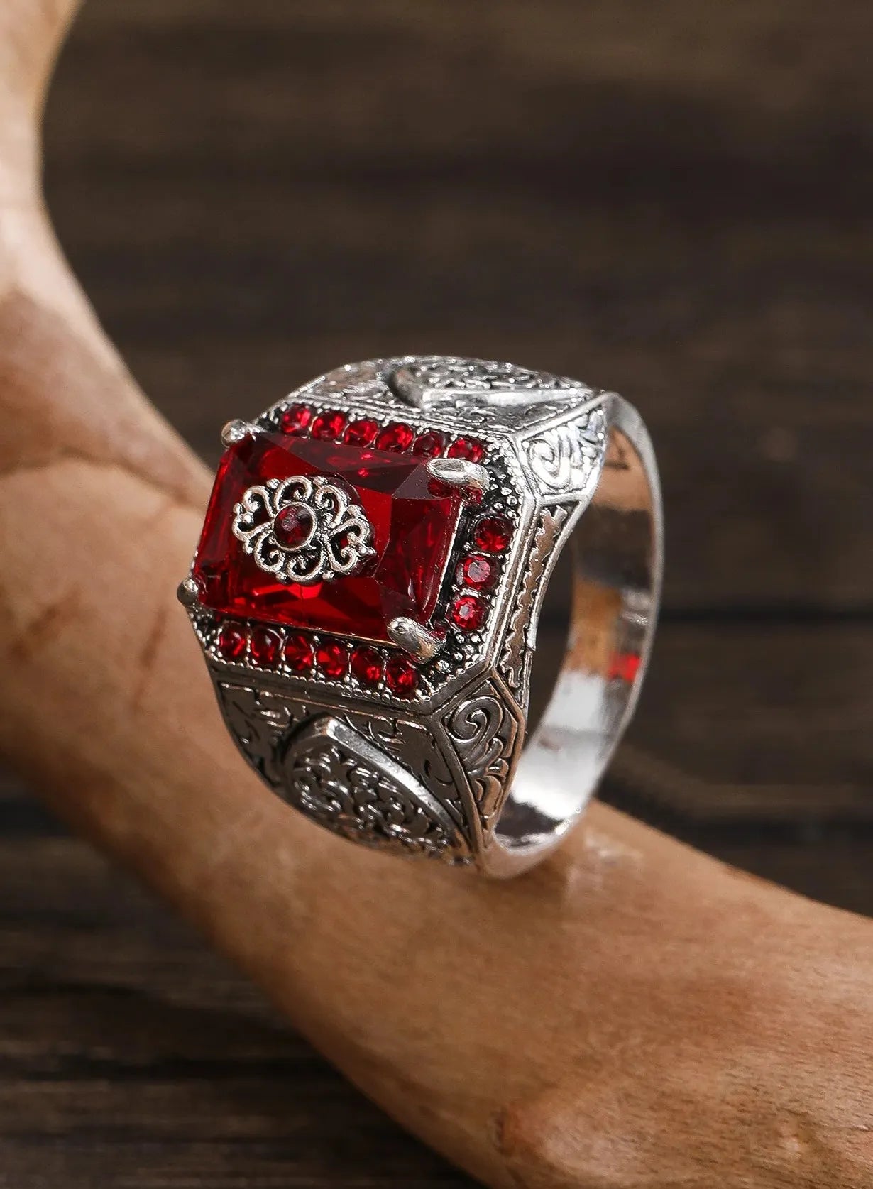 Retro Handmade Turkish Men’s Silver Zinc Alloy Ring with Zircon Inlay