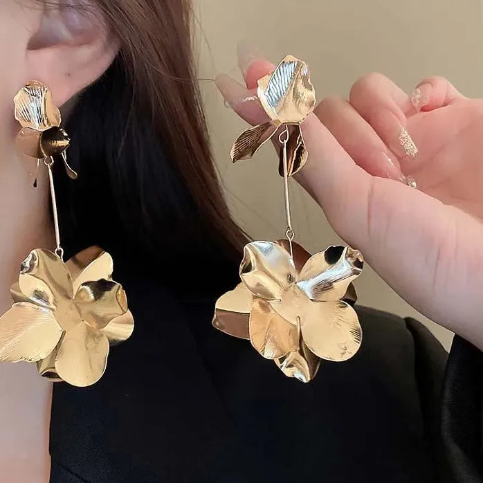Vintage Gold Big Flower Drop Earrings for Women Tassel Jewelry Gifts
