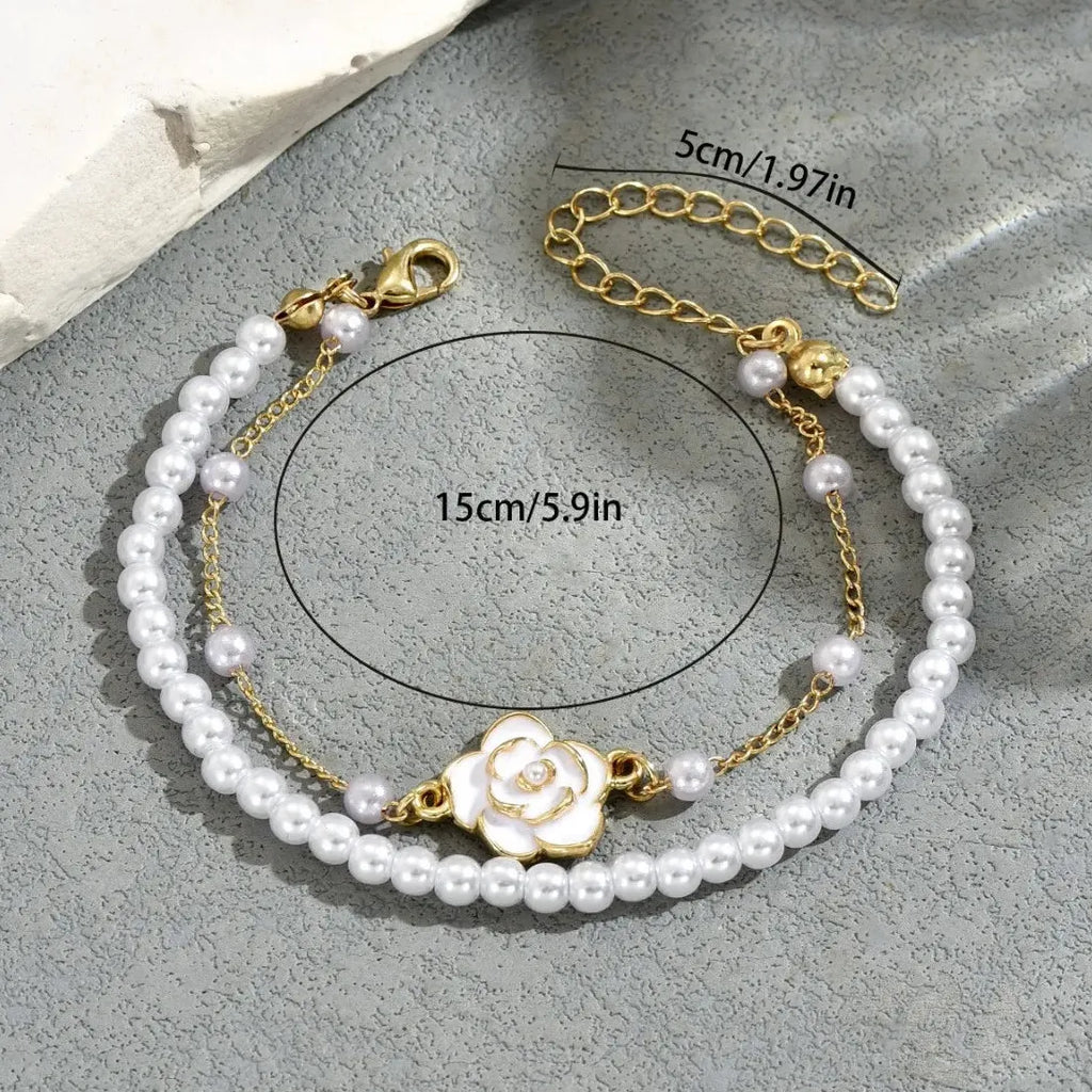 Vintage Double Layer Imitation Pearl Bracelet Featuring White Camellia Flower for Women