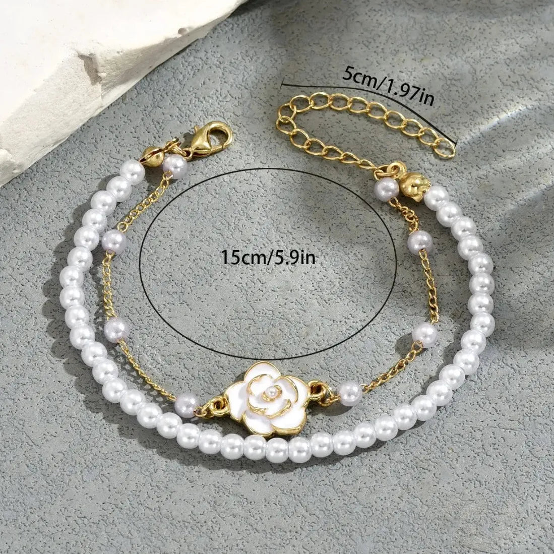 Vintage Double Layer Imitation Pearl Bracelet Featuring White Camellia Flower for Women