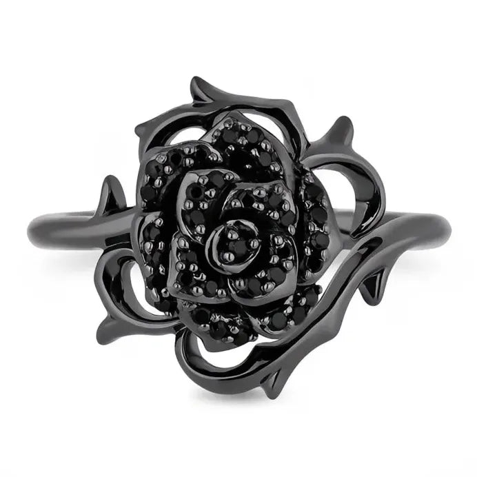 Brass Black Flower Pave Wedding Band with Cubic Zirconia for Women