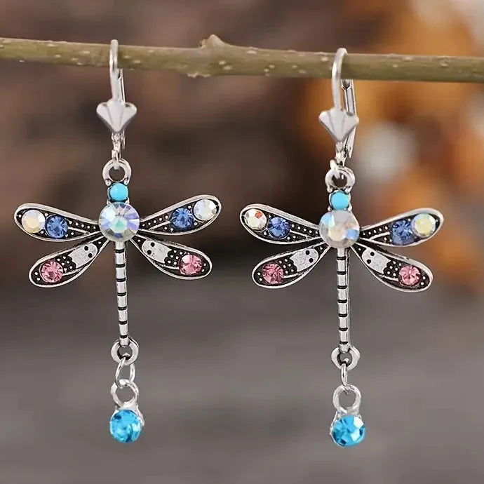 Dragonfly Drop Earrings Vintage Style Zinc Alloy Colorful Rhinestones