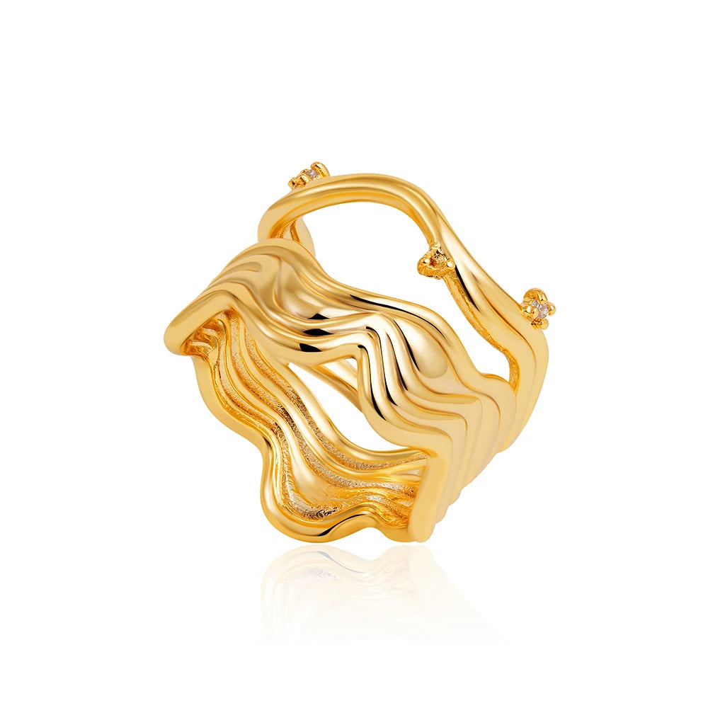 Hollow Twisted Wave Wide Knuckle Ring for Women Stainless Steel CZ Zircon Charm