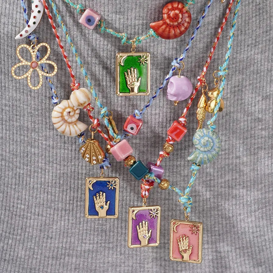 Multi-Color Oil Drip Enamel Tarot Card Pendant Necklace Stainless Steel Chain