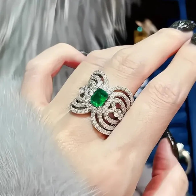 Luxury Women Wedding Ring with Geometric Green Cubic Zirconia Brass Fashion Jewelry
