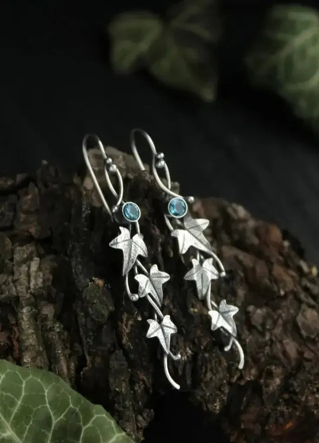 Vintage Ivy Elven Leaf Drop Earrings Women Silver Metal Crystal Jewelry