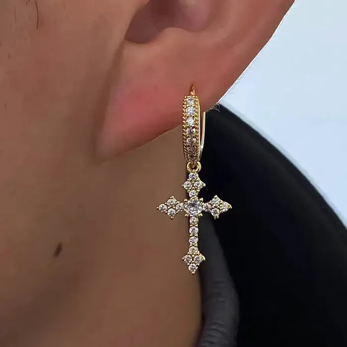 2Pcs Copper Cross Hoop Earrings for Men Women Rhinestone Jewelry