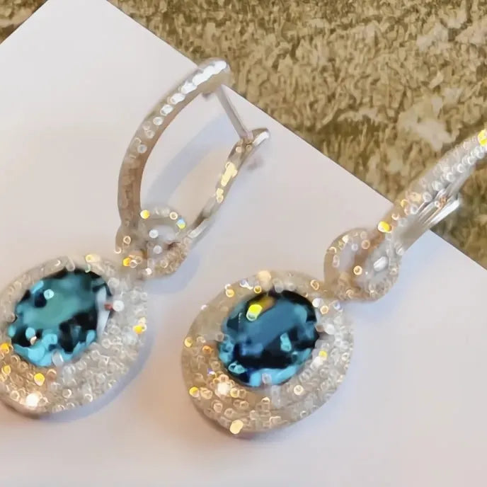 Sky Blue Cubic Zirconia Geometric Silver Color Women Dangle Earrings for Wedding Party Engagement Jewelry